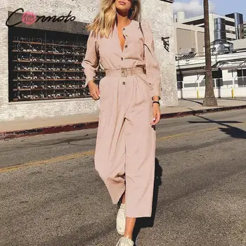 

Conmoto Vintage Pink Corduroy Jumpsuit Women Jumpsuit Romper High Fashion Button Belt Jumpsuits Casual Ladies Jumpsuit Overall