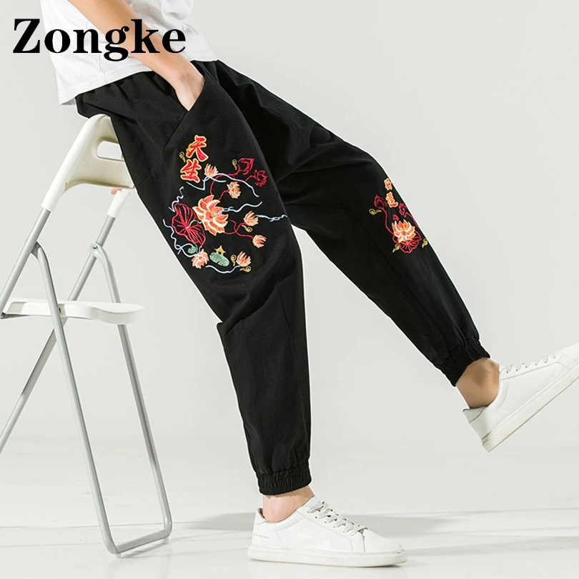 Zongke Floral Embroidered Casual Pants MenClothing Street Wear Mens Pants Trousers Fashion M-5XL 2022 Spring New Arrivals hippy pants