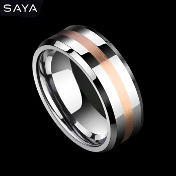 

Men 14K Gold Ring, Tungsten Ring, 8mm Width Band High Polished Inlay Gold for Wedding, Free Shipping, Customized