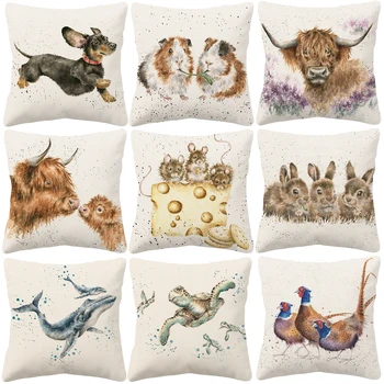 

Hand Painting Animals Cushion Covers Turtle Whale Octopus Birds Wild yak Bunny Cushion Cover Linen Pillow Case For Bedroom