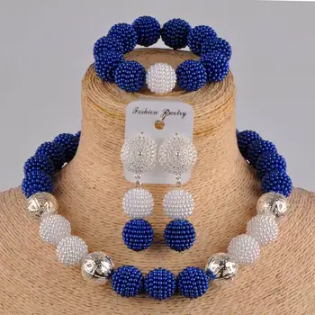 

royal blue white jewelry set african beads nigeria necklace simulated pearl set jewelry for women FZZ09
