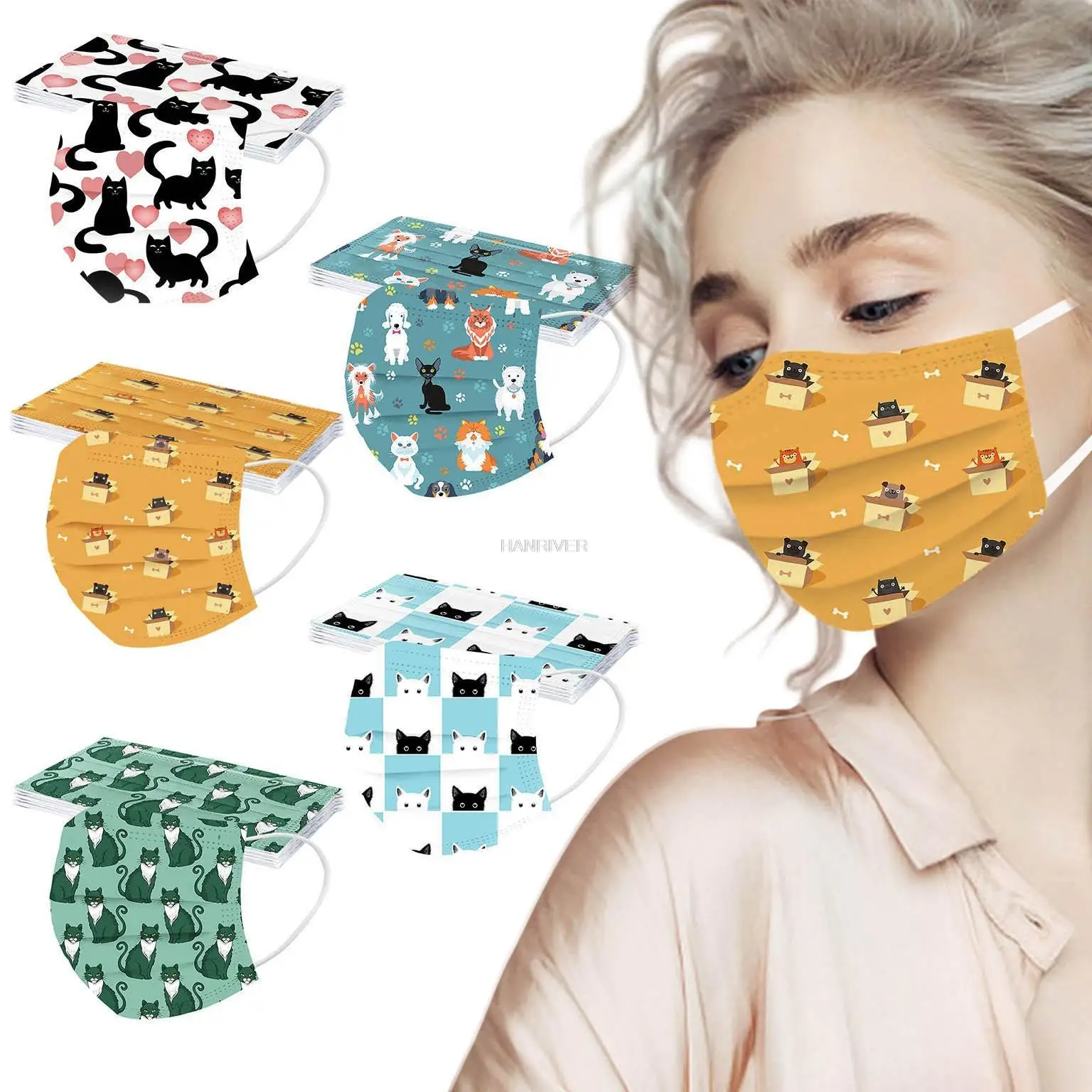 

50pcsHang ear type dust disposable masks cartoon printing three layers of melt-blown printed cloth adult air respirator