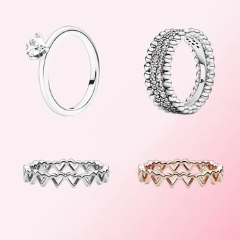

2020 100% 925 Sterling Silver Rose Freehand Hearts Clear Heart Solitaire Stackable Original Authentic Jewelry Rings Women Charms