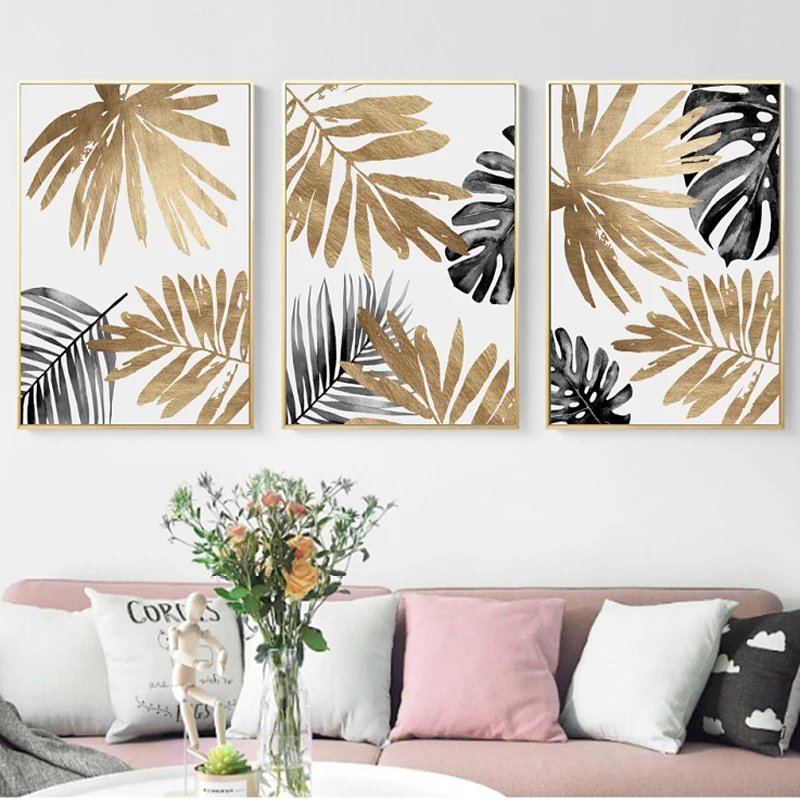 

Modern Nordic Decorative Painting Simple Gold Leaf for Living Room Triple Golden Leaf Canvas Painting Posters and Print 20-8