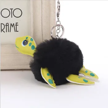 

High Quality Fake Fur Pompom Cute Turtle Ball Keychain For Women Bag Cars Soft Pom Fluffy Key Chains Keyring Pendant Plush toy