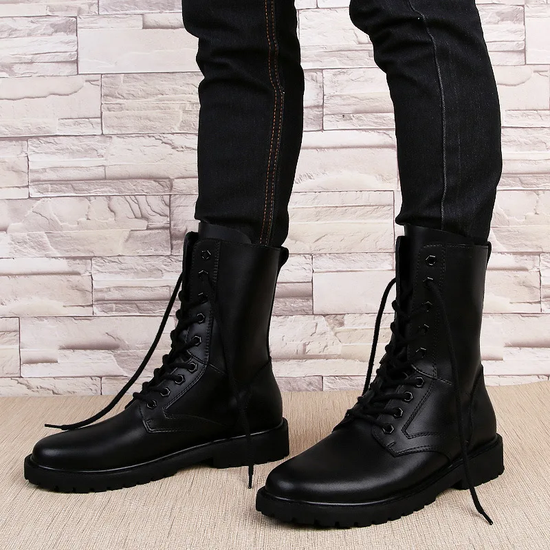 

Genuine Leather Martin Boots Men's Hight-top Winter plus Velvet Korean-style Versatile British Style MEN'S BOOTS Special Forces
