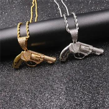 

Hip Hop AAA Cubic Zirconia Paved Bling Iced Out Revolver Gun Pendants Necklace for Men Rapper Jewelry Gold Color