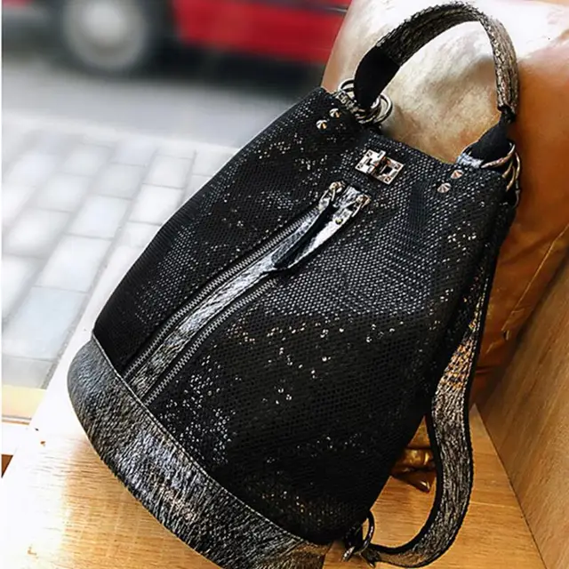 New Fashion Sequins Leather Laptop Backpack Women Female Personality Lock Anti Theft Bagpack Travel Mochila Feminina  Back Pack 1