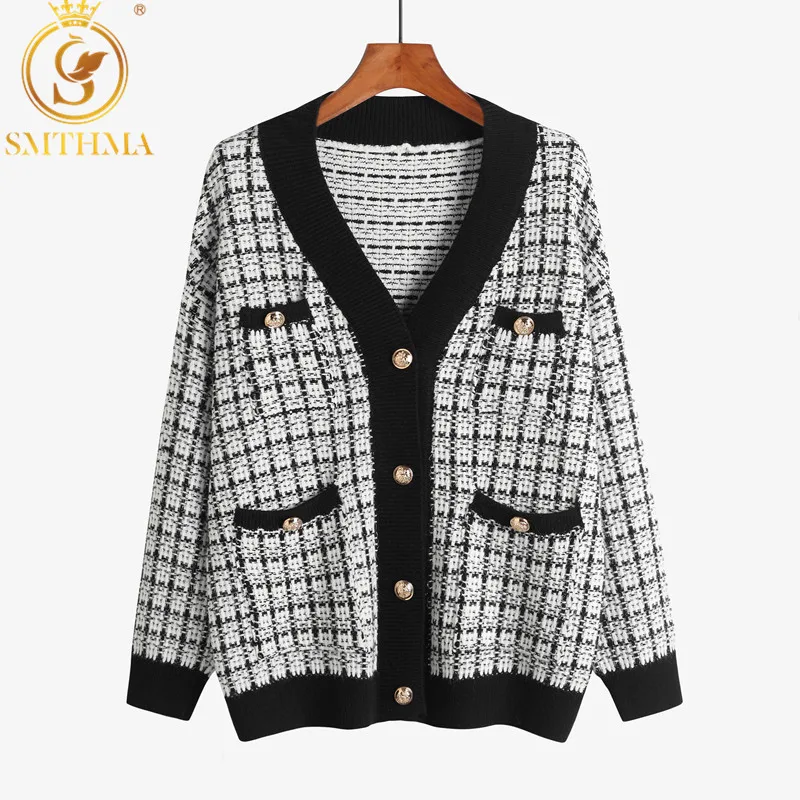 

Autumn And Winter Fashion Runway Women Luxury plaid design Buttons Knitted Jacket Elegant Sweater Outwear jacquard Jackets coat