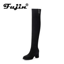 Fujin/сапоги; женские зимние высокие сапоги; Прямая поставка; Сапоги выше колена с круглым носком на высоком каблуке из плюша, визуально увеличивающие рост, на квадратном каблуке
