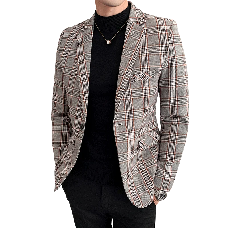 Модные Клетчатый костюм Для мужчин куртка Размеры S M L XL XXL XXXL осень-зима Для мужчин блейзеры зауженный крой Для мужчин повседневные платья костюм