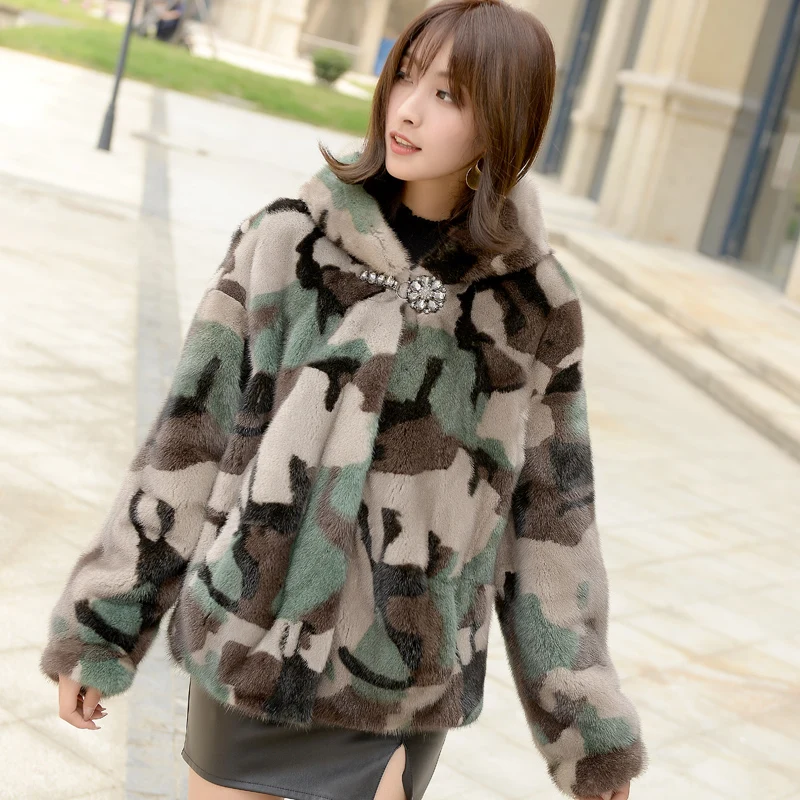 Норковая шуба комбинезон куртка длинный мех женская одежда Верхняя одежда куртка пальто зима новая с капюшоном модная камуфляжная