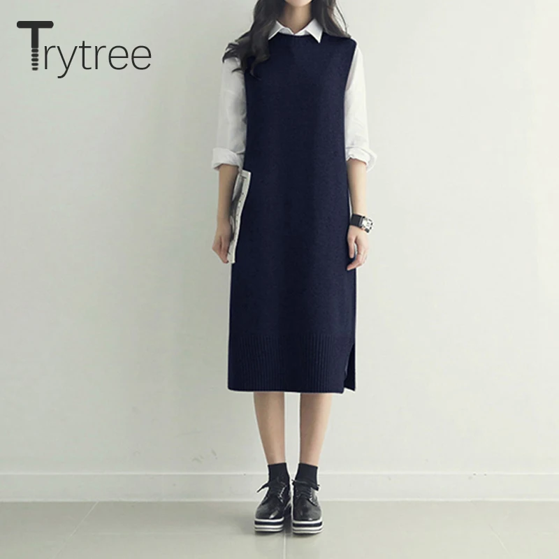 Trytree осенне-зимнее женское Повседневное платье с О-образным вырезом, вязанное свободное платье с разрезом, модное универсальное стильное офисное женское платье-жилет