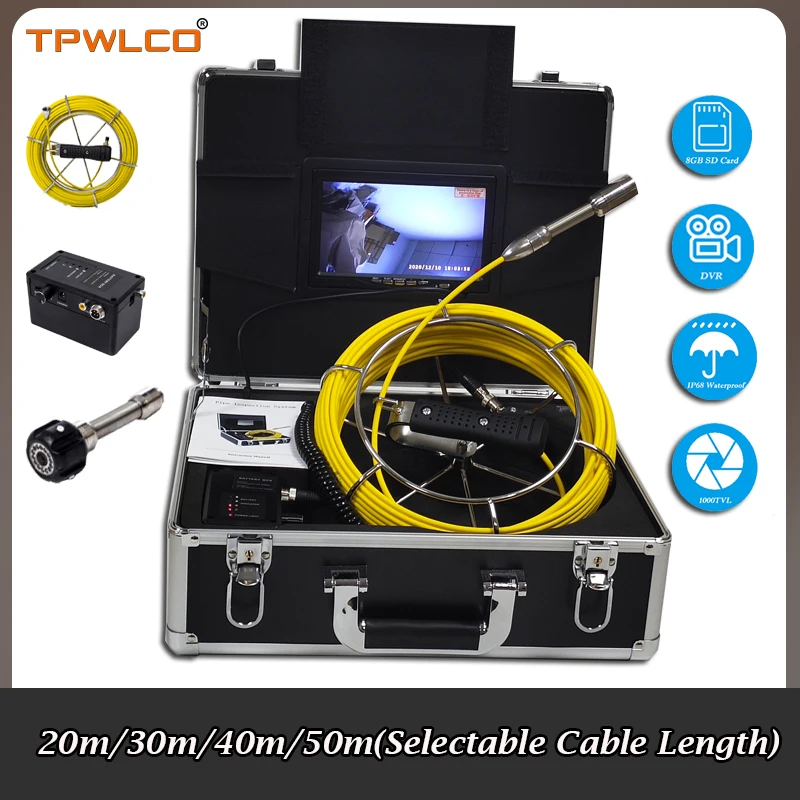 

20m-50m 7" LCD Color Screen Pipeline Endoscope Inspection Device System Waterproof 23mm Industrial Camera With Sun-visor And DVR