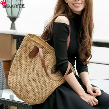 

Summer Beach Boho Paper Rope Straw Weaving Shoulder Handbags Women Casual Large Capacity Top-handle Bags Shopping Totes