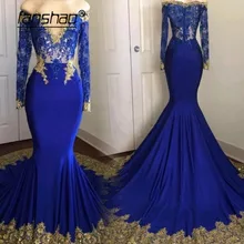 Королевские синие мусульманские Вечерние платья золото с аппликацией и юбкой-годе Иллюзия Дубай Саудовская арабское вечернее платье для выпускного вечера