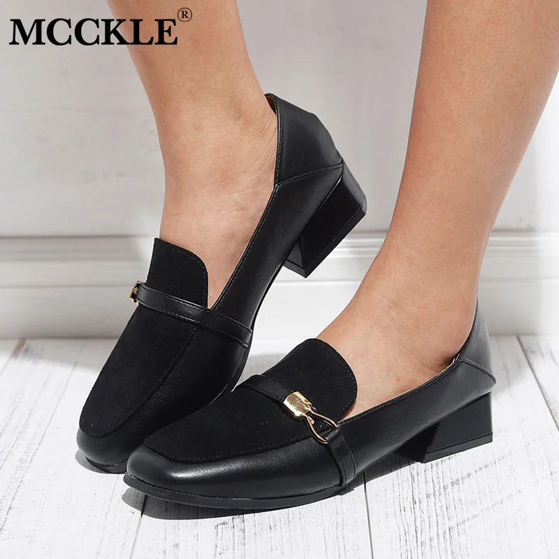 

MCCKLE Women's Low Heels Fashion Buckle Square Oxford Shoes Autumn Female Slip On Casual Shoes Shallow Chunky Heel Footwear