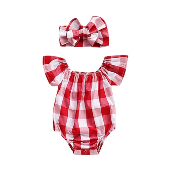

2019 Toddler Baby Girls Red Plaid Fly Sleeve Romper Jumpsuit+Headband Sunsuit 3pcs Clothes Set
