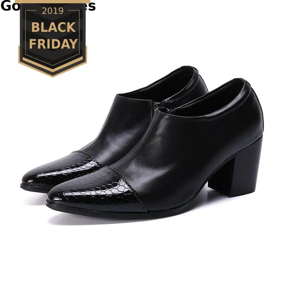 Height Increased Men Leather Shoes Snakeskin Printed Cap Toe Slip On Men Casual Business Shoes Side Zipper Slip On Men Shoes