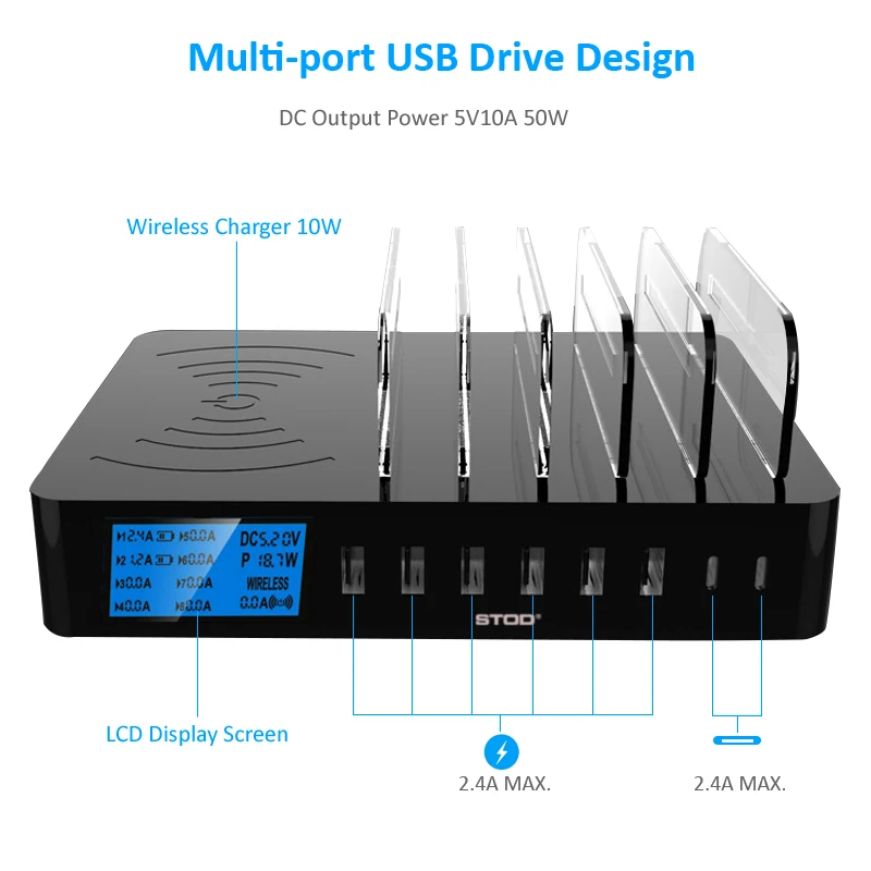 STOD Smart USB зарядное устройство Qi Беспроводная зарядка 50 Вт ЖК-дисплей Настольный держатель для iPhone X Samsung Huawei Mi 9 адаптер переменного тока