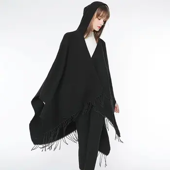 

Womens Winter Hooded Shawl Oversized Poncho Cape Solid Color Wraps Blanket Open Front Pashmina Cardigans with Fringe Tassels