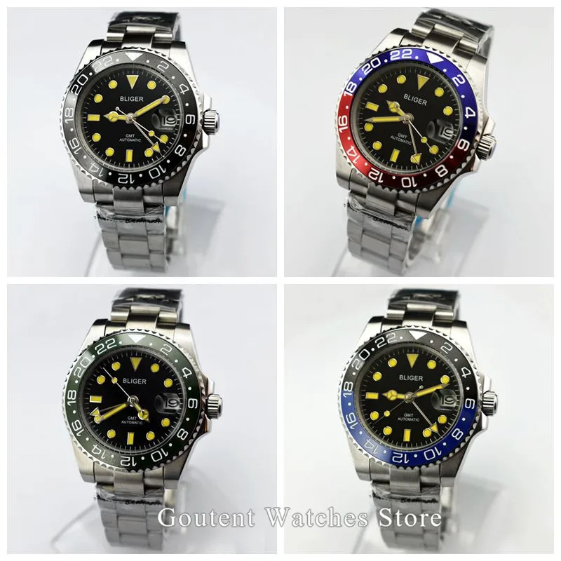 40 мм Bliger часы мужские сапфировое стекло черный циферблат Luminou Hands GMT