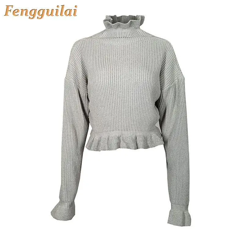 Ruffles Knitting Sweater Women Cropped Pullover Red Sexy Turtleneck Long Sleeve Crop Top Fall 2020 Sweaters Ruffles Knitting Sweater Women Cropped Pullover Red Sexy Turtleneck Long Sleeve Crop Top Fall 2020 Sweaters