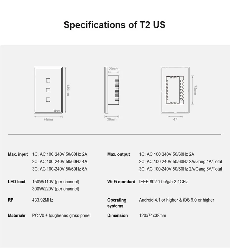 Itead Sonoff T2 US 1 2 3 gang Smart Wall Light Switch with Border,Touch RF433 wifi Control,Works With Alexa Google Home,120 Size-10