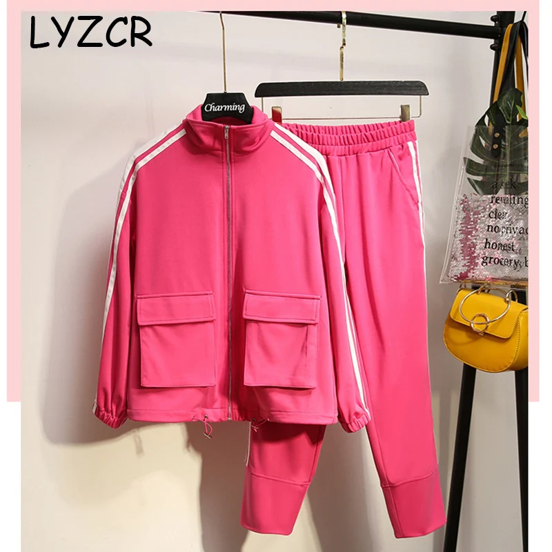 

Plus Size Womens Two Piece Sets 2019 Outfit White Striped Tracksuits Women Set Sporting Suit Female Two Piece Jacket And Pants