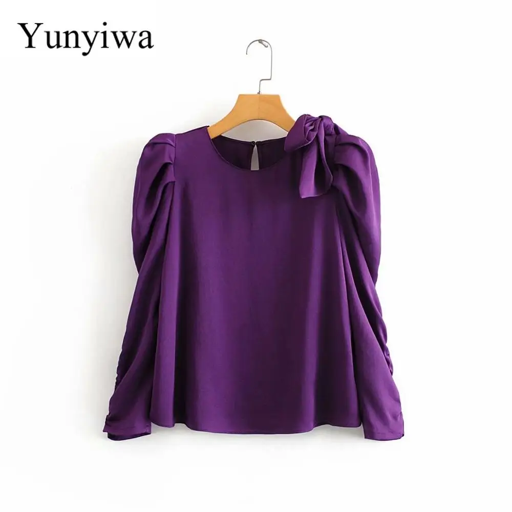 

2020 Women Shoulder Bow Solid Color Casual Smock Blouse Office Lady Pleats Puff Sleeve Shirts Chic Chemise Femininas Tops