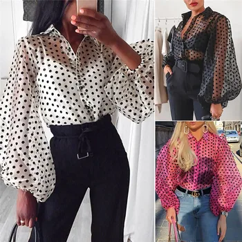 

2019 Elegant Women Long Lantern Sleeve Dot Print Shirt Blouses Tops OL See Through Perspective Black Lace Mesh Blouse Shirt Tops