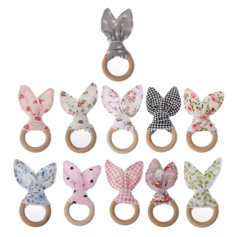 

Handmade Wooden Natural Baby Teething Ring Chewie Teether Bunny Sensory Toy Gift