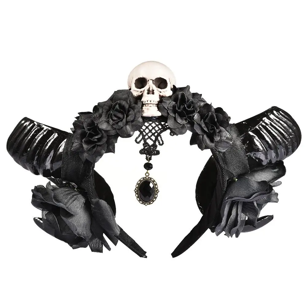 

Unique Girls Halloween Stereo Devil Horns Skull Headband Gothic Sheep Horn Flowers Headdress Hairband Cosplay Headwear Accessory