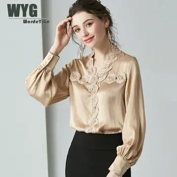 

High Quality Pure Silk Blouses 2020 Spring New Arrival OL Style Lace Patchwork Long Sleeve Elegant Original Designer Shirts