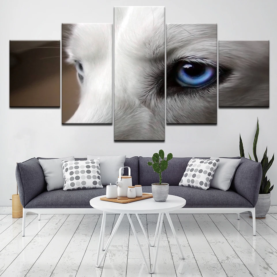 

Living Room Modern Decor HD Prints 5 Pieces Animal White Wolf Blue Eyes Paintings Poster Modular Pictures Canvas Wall Art Framed
