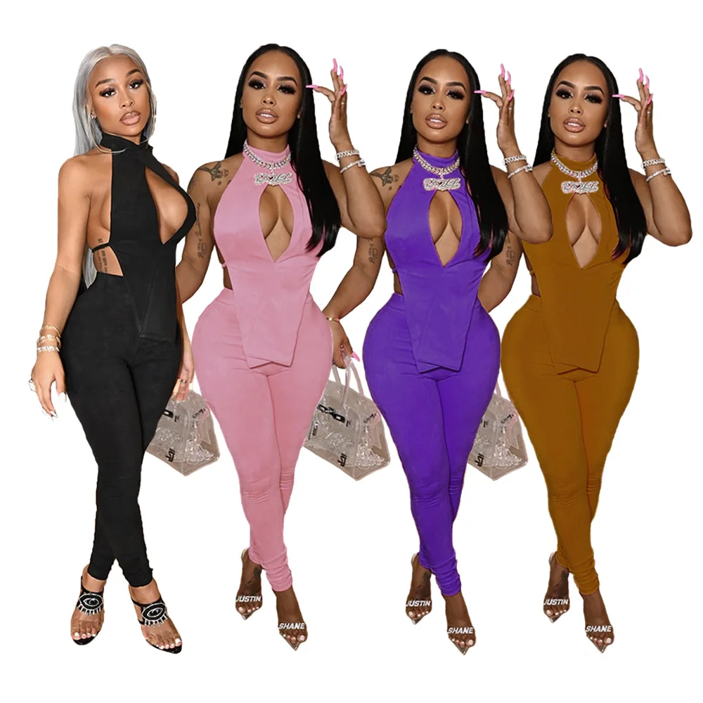 2021 New Fashion Women Fall Velvet Sports Suit Sleeveless Halter Gym Tank Tops Leggings Jogging Casual Two Piece Set 2023 women s hot selling new popular casual fashion velvet lapel sleeveless cardigan in stock