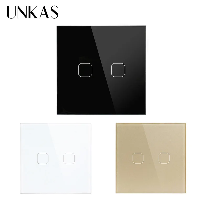 UNKAS, 2 комплекта, 1 способ, сенсорный настенный светильник, переключатель, стандарт ЕС/Великобритании, сенсорный светильник, выключатель переменного тока, 220-250 В, белая Роскошная стеклянная панель