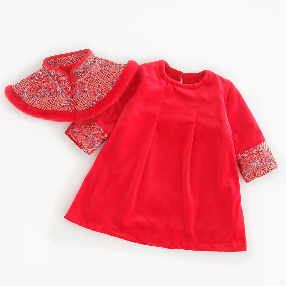 Halilo/зимнее платье для девочек в китайском стиле; бархатное платье Ципао красного цвета; Новогодняя одежда для маленьких девочек; Детские платья на день рождения