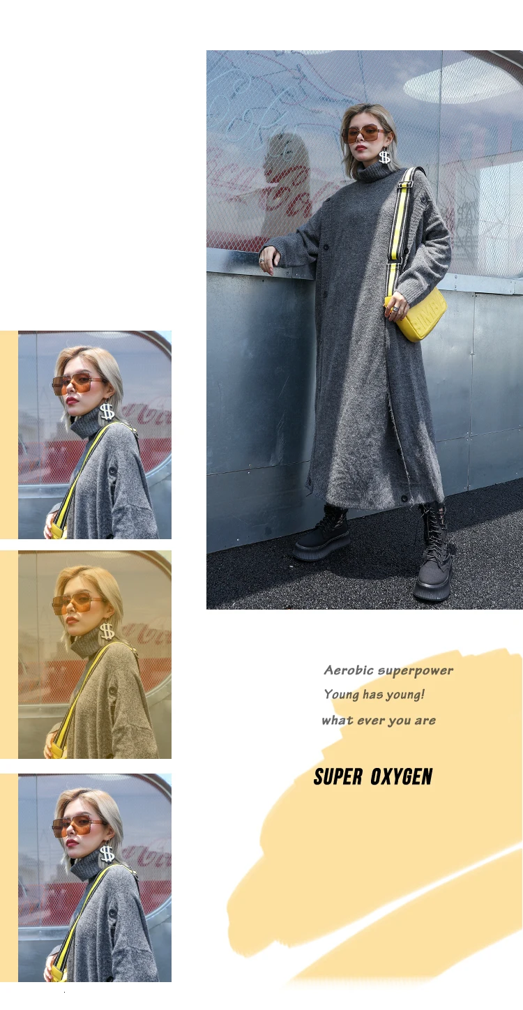 QING MO Black Gray Red Coffee Women Turtleneck Sweater Dress Women Winter Knitted Dress Streetwear Loose Dress ZQY2502