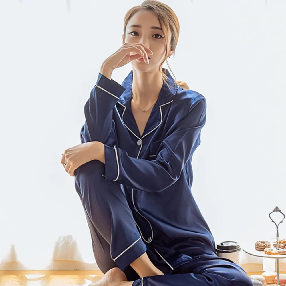 

Imitation Silk Women Pajamas Set Soft Sleepwear Spring Fashion Smooth Long Sleeve Homewear Homies Nightwear New Fashion
