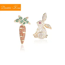 Асимметричные серьги-гвоздики с морковкой и кроликами, серьги из медного сплава, инкрустированные цветными цирконами, модные трендовые женские ювелирные изделия в подарок