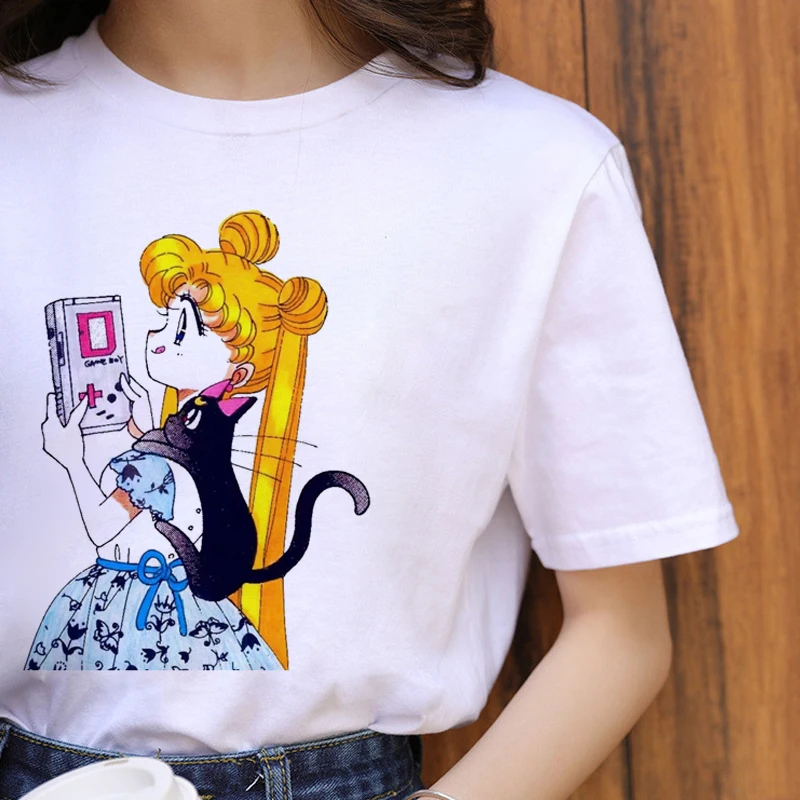 Sailor Moon Kawaii Harajuku футболка женская Ullzang забавная футболка с рисунком аниме кошки 90s корейский стиль Футболка Модный Графический Топ Женская - Цвет: 6998