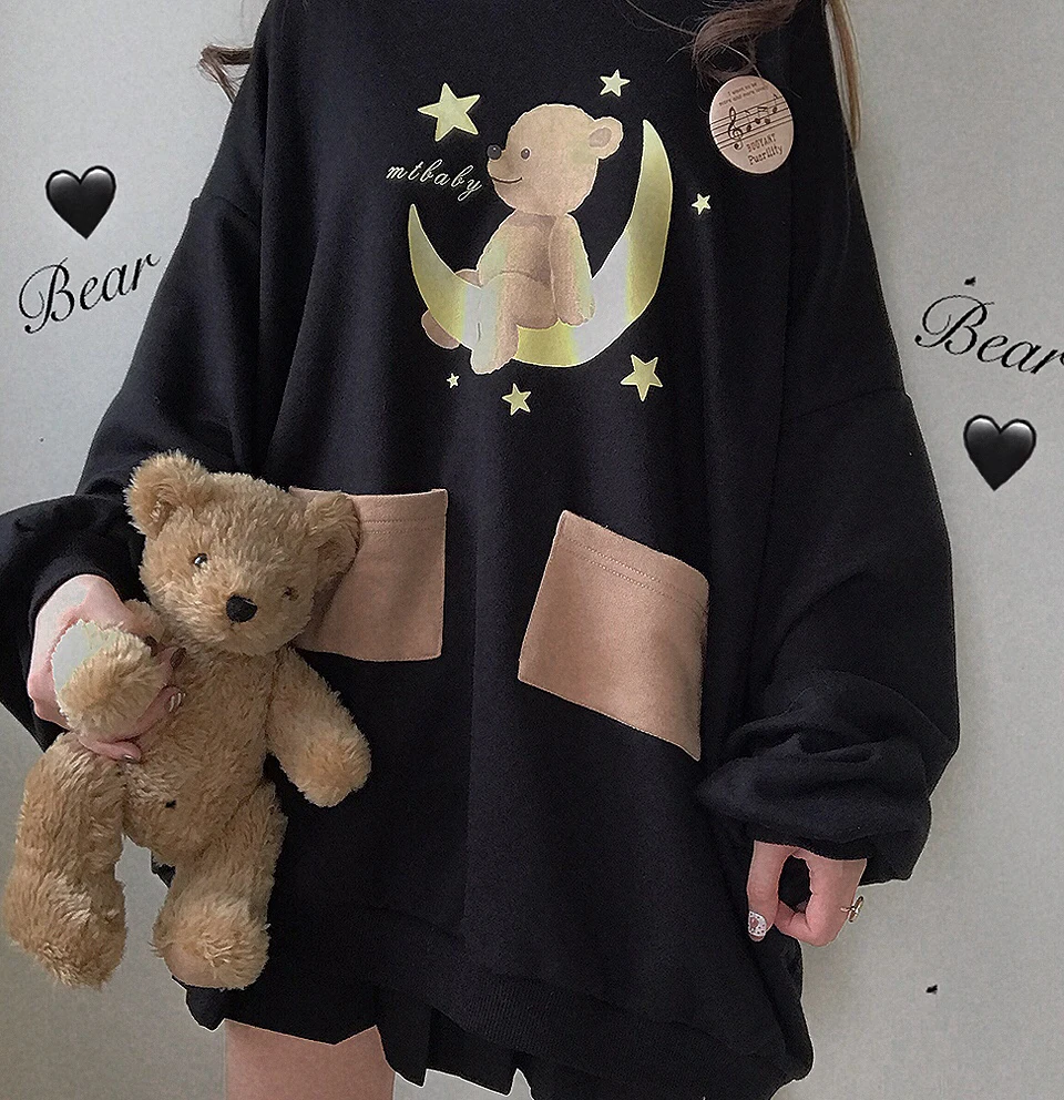 

Autumn Soft Sister Cute Star & Moon Bear Print Kawaii Sweet Sweatshirt Medium and long section Girls Hoodie Long Sleeve Tops