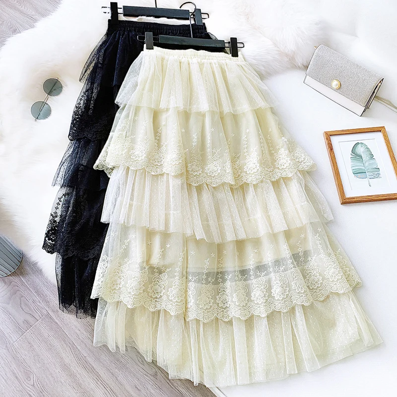 

Wasteheart Spring Women Fashion Black White Khaki High Waist Ruffles Pleated Ankle Length Long Skirt Mesh Clothing Ball Gown