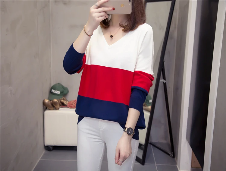 Plus Size Striped Korean Knitted Tops Sweaters Women Autumn Winter Fashion Loose V Neck Ladies Knitwear Oversized Jumpers