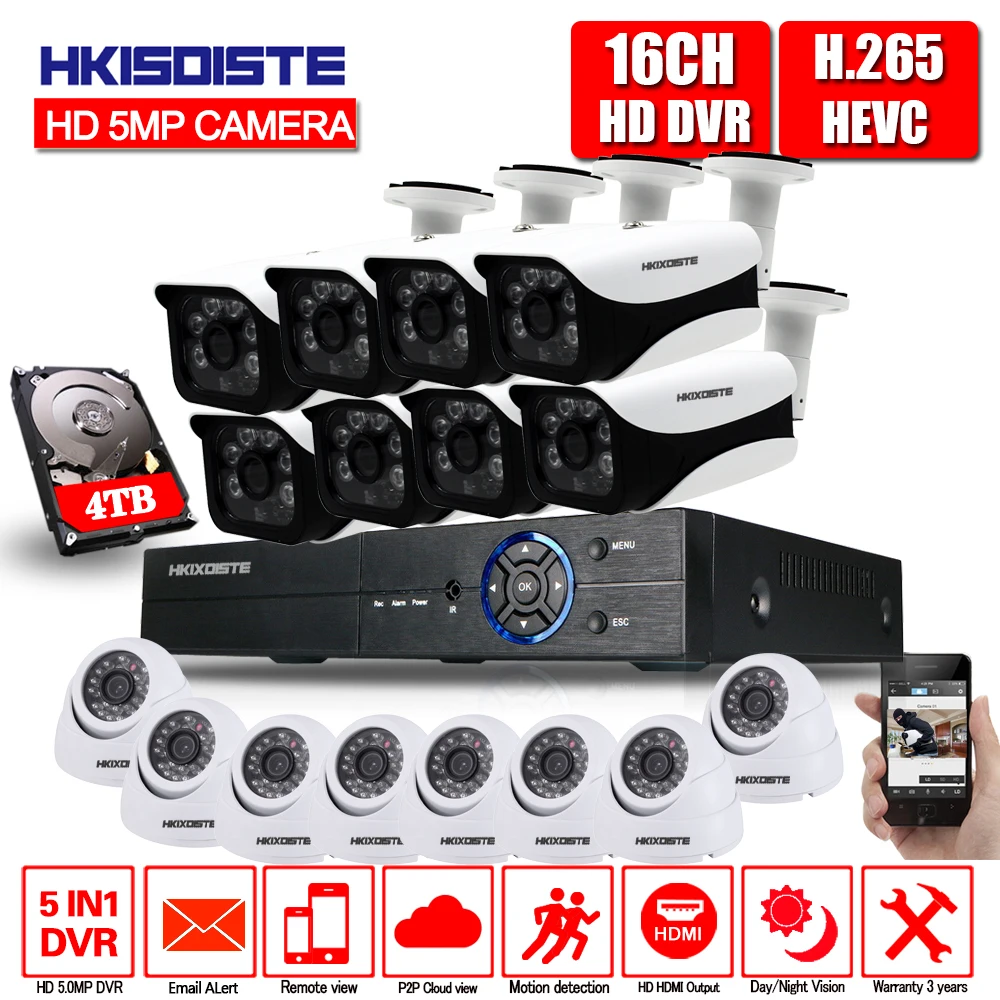

16CH 5MP Video Surveillance Kit 8Pcs Bullet Outdoor With 8Pcs dome Indoor Security Camera DVR CCTV System Night Vision IP67 P2P
