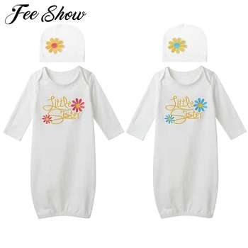 

Baby Gowns Newborn Girls Boys Little Sister & Flower Embroidery Sleeping Clothes Cotton Sleepwear Gown Robes Clothes With Hat