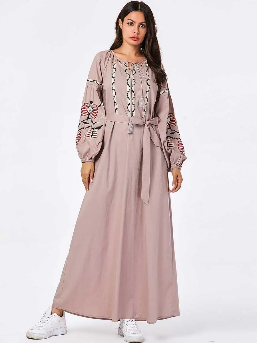 Мусульманские женские буфы на рукавах с вышивкой abaya кафтан с длинным рукавом Макси Вечерние коктейльные платья jilbaw свободная Исламская