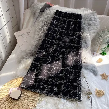 

2020Vintage Plaid pleated long skirts high waist winter women korean woolen skirt streetwear Drawstring elastic waist midi skirt