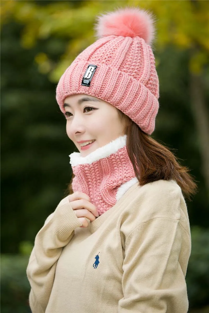 Женская шапка шарф Комплект масок утолщенная теплая женская уличная ветрозащитный для езды ушной лоскут вязаная шапка плюшевая шапочка с помпоном осень зима